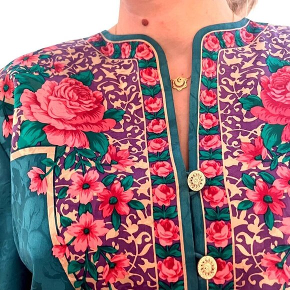 Adrianna Papell Vintage Safe Silk Blouse Jacket English Rose Print Ladies Size10 - Picture 6 of 7